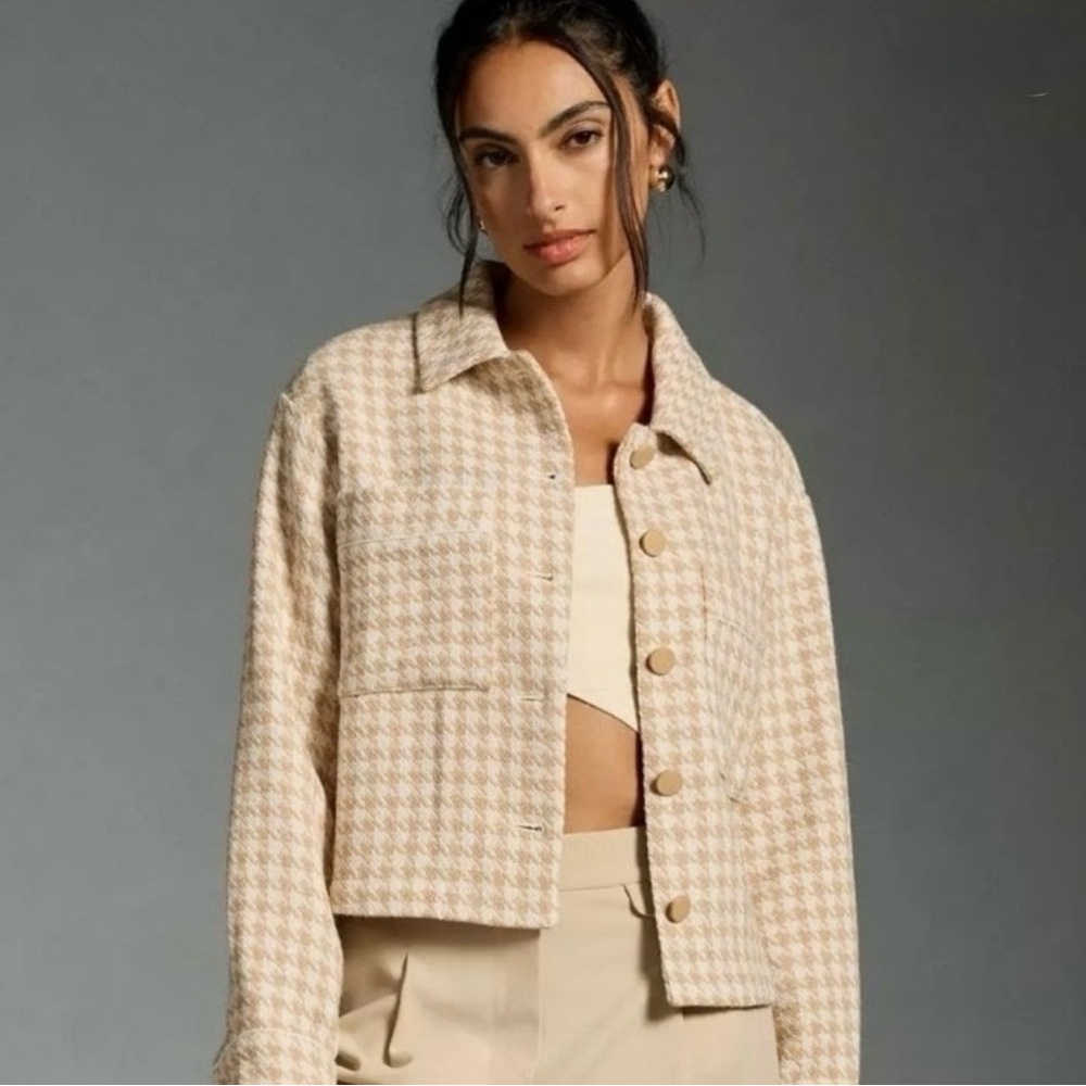 Anthropologie Dolan Houndstooth Plaid Cropped Jacket Fall Cabincore Preppy EUC S